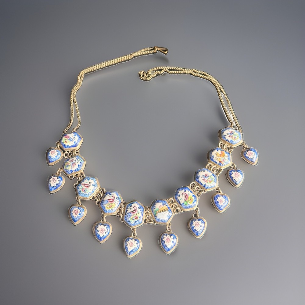 Vintage Persian Necklace Blue Enamel Panels Linked Scenic Birds Middle Eastern