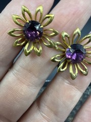 Vintage Rhinestone Screw Back Earrings Gold Tone Purple Stones