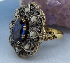 Diamonds Rose Cut 18k Gold Antique Ring 1.00 ct Sapphire Size 6.5