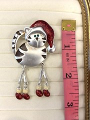 Green Eyed Christmas Cat Brooch Pin Articulated Red Cap Mittens Sparkle Enamel