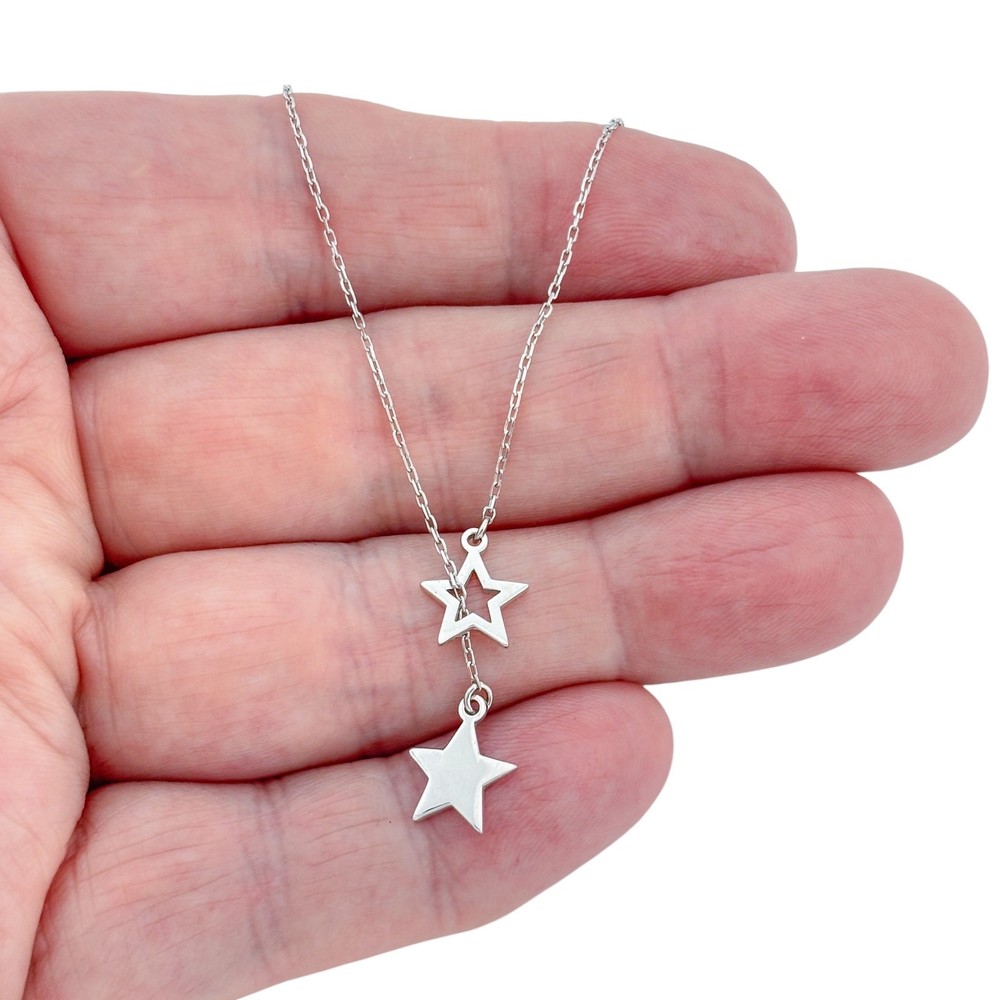 Vintage Sterling Silver 925 Double Star Pendant Necklace 14″-15.5″