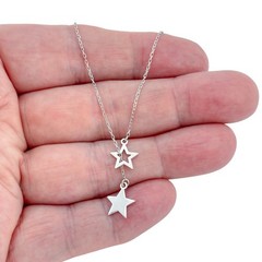Vintage Sterling Silver 925 Double Star Pendant Necklace 14″-15.5″
