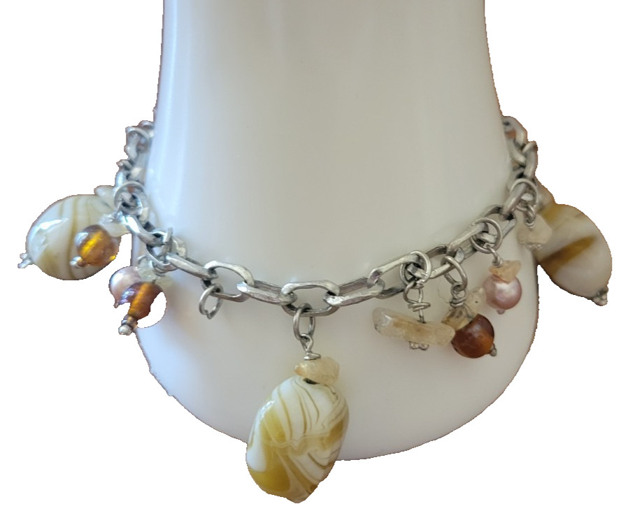 Vtg Estate Bracelet Gemstone Beaded Chain Link Charm Dangle Fashion Jewelry