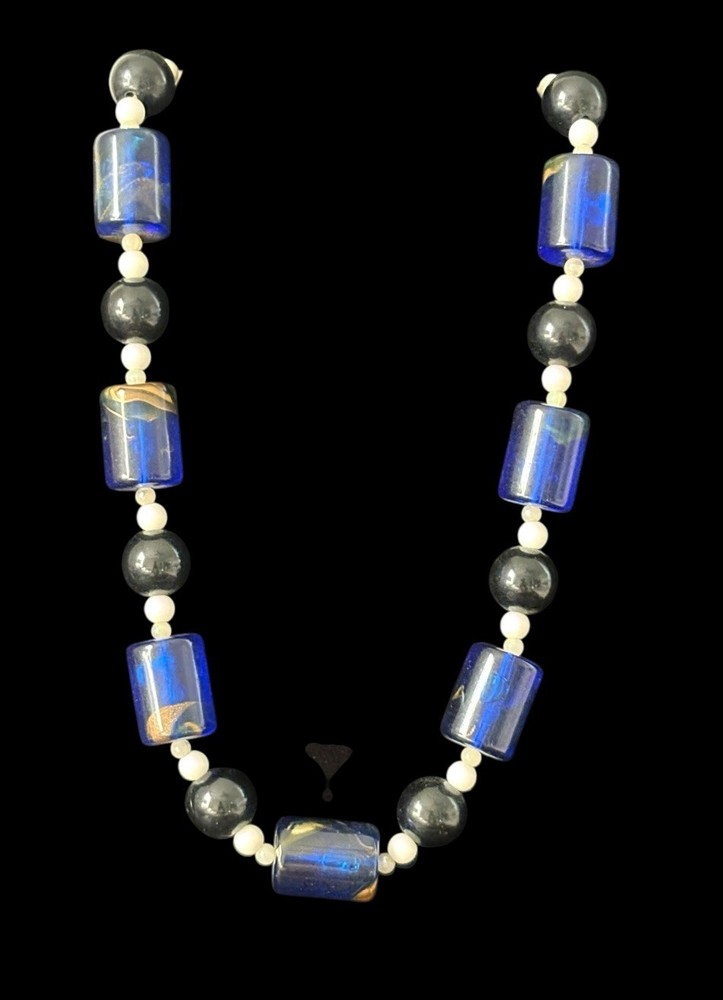 Vintage Swirled Barrel Bead Necklace Cobalt Blue Gold Swirl