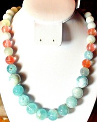 390.80ct 100% NATURAL ROUND AQUAMARINE,CHERRY QUARTZ 925 SILVER CLASP NECKLACE.