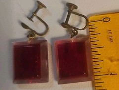 Vintage Pair of Square Shape Acrylic Screwback Earrings With Beetles Red