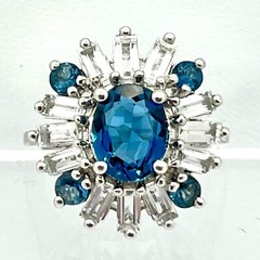 Sterling Deco Atomic Starburst Cocktail Ring London Blue Topaz White Topaz SZ 6