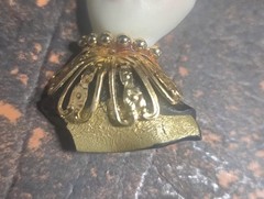 Beautiful Lady Head Brooch Porcelain looking skin black gold guild with feather