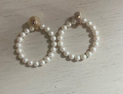 Vintage Open Circle Hoop Faux Pearl Ivory Gold 2” Drop Statement Earrings