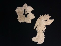 Antique Vintage Bone Brooch Chinese ? Japan? Carved Flower Bird