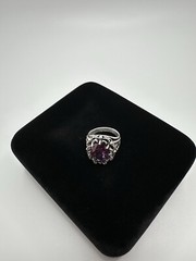 Vintage Ornate Purple Sapphire Sterling Silver Ring Signed TB Size 6.25