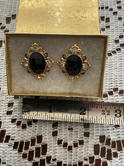 1928 Vintage Black Gold Tone & Rhinestone Pierced Post Earrings