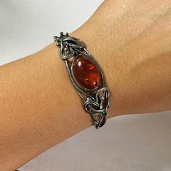 Vintage Sterling Silver Honey Amber Cuff Bracelet Art Nouveau Filigree Cognac