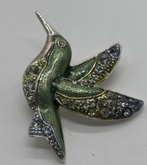 Vintage Brooch Liz Claiborne Signed Green Hummingbird W/ Rhinestone Accents