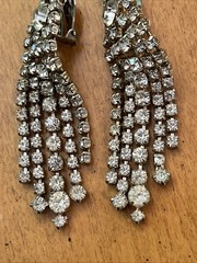 Vintage Huge Prong Set Rhinestones Chandelier Dangle Drop Clip On Earrings