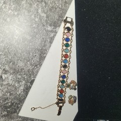 Vintage Scarab Bracelet and Clip On Earrings Set Gold Tone Multi Stone Jewelry