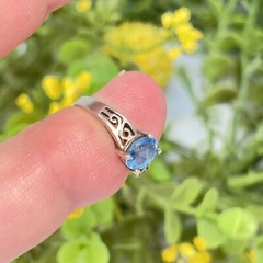 Vtg Signed RDC Sterling Silver 925 Topaz Solitaire Cut Out Scroll Band Ring Sz 5