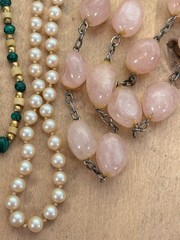 Lot of 4 Vintage Bead Necklaces, Malachite, Rose Quartz, Pearls