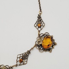 Czech Glass Art Nouveau Deco Flower Motif Brass Festoon Bib Amber Citrine 15 In