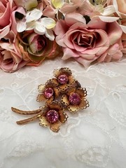 Vintage Pin Lavender Pink Crystals Gold Plated Flower Pin Bouquet of Flowers 3″
