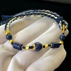Natural Lapis Gemstone Beaded Bracelet, Handmade Braided Rope, Length adjustable