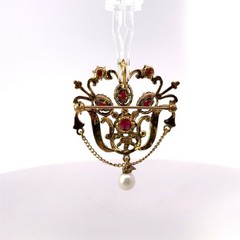 Antique 14k Stamped Yellow Gold Garnet & Pearl Brooch Pin