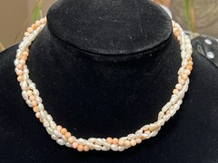 ESTATE TWISTED 3 GENUINE CORAL ORANGE AND PEARL NECKLACE SILVER TONE 16”