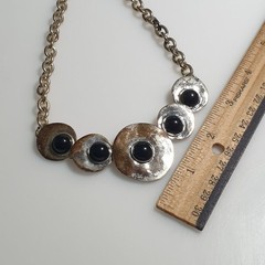 Vintage Chunky Silver Tone Chain Necklace Black Cabochon Discs Statement Jewelry