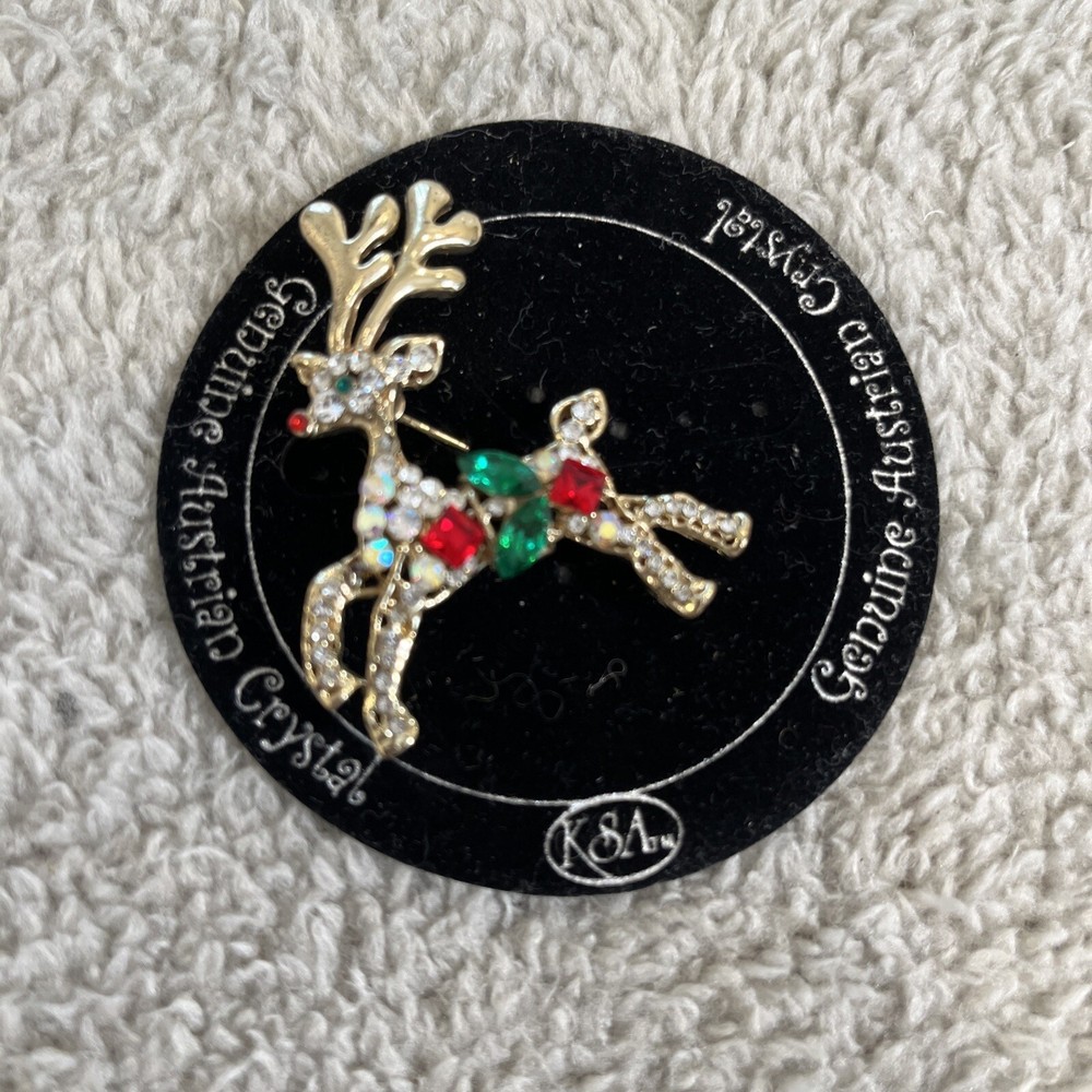 Vintage KSA Genuine Austrian Crystal Christmas Reindeer Brooch Pin
