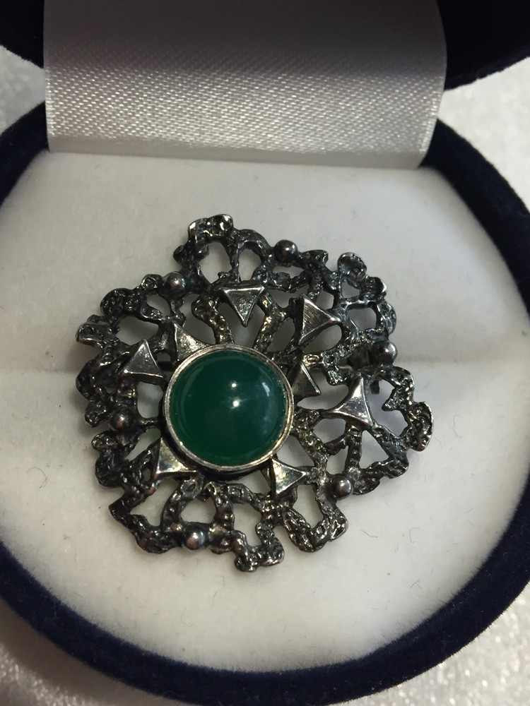 Brooch Theodor Klotz/TEKA Green agate Silver 835 vintage Germany jewellry 1970s