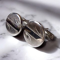 Vintage Cufflinks Mens Silver Tone Brushed Polished Floral Bullet Back