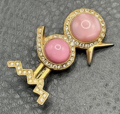 Vintage Pink Jelly Belly Moon Glow Bird Brooch Pin Gold Tone Rhinestone
