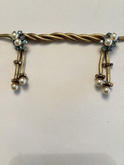 Vintage Gold Tone Festoon Snake Chain Necklace Faux Pearl Aqua Rhinestone 15”