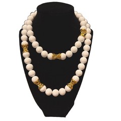 VTG Monet Bead Station Necklace, Chunky White Beads Gold Tone Metal Link 36”