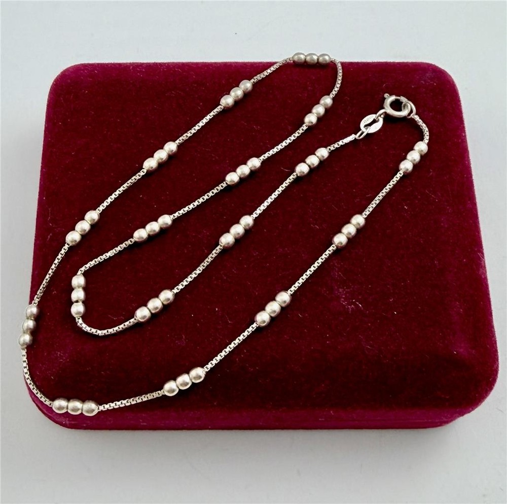 925 Sterling Silver Italy 3MM Triple Bead Stations Box Chain Necklace 16″ Long