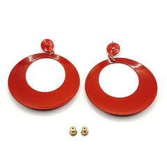 Large Metal Hoop Red Black White Enamel Hand Painted Pierced Vintage Earrings