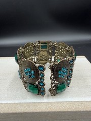 Vintage Metal Cuff Bracelet With Green And Turquoise Colored Stones Open Slide