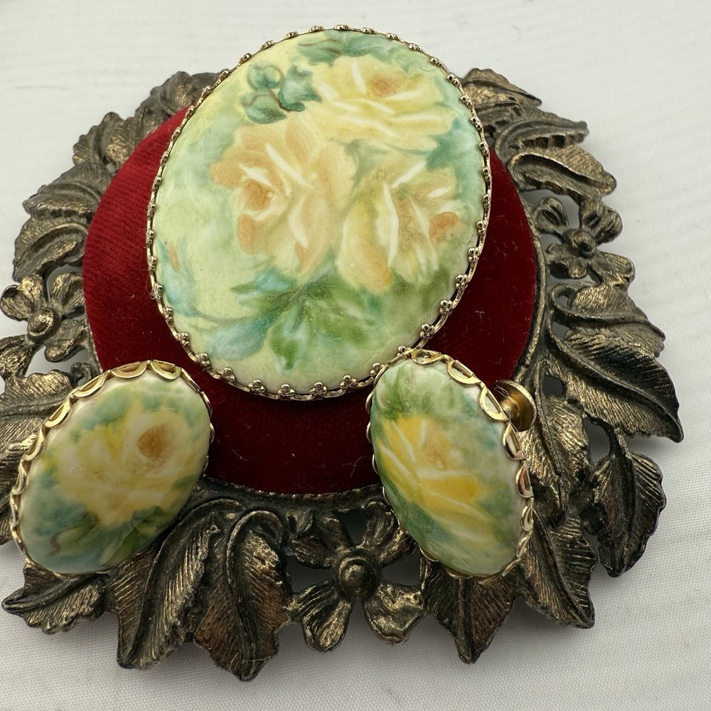 Vintage Hand Painted Floral Porcelain Brooch and Clip On Earrings Set 3 Piece