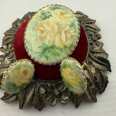 Vintage Hand Painted Floral Porcelain Brooch and Clip On Earrings Set 3 Piece