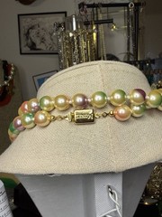 Vintage Monet Faux Pearl Gold Tone Closure Necklace Signed 33 In Mardi Gras