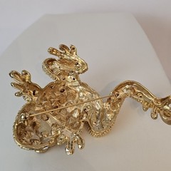Vintage Frog Brooch Gold Tone Rhinestones Huge Statement Pin Green Eyes 3.5 In.