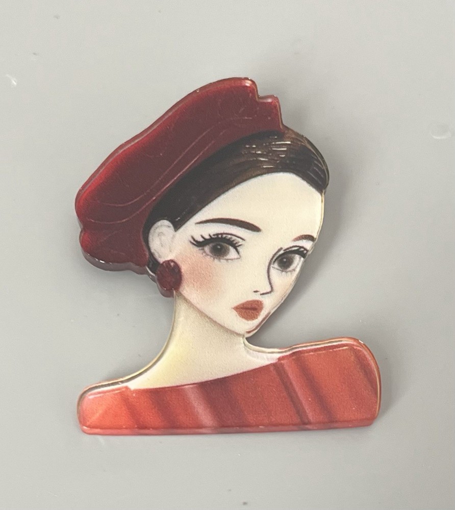 Flat Acrylic Woman-Lady Brooch Sophisticated 2.5” Burgundy-Orange Brown Hair