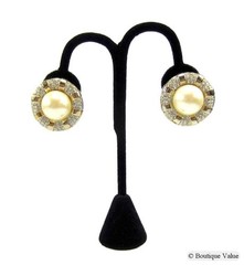 Vintage Goldtone 17mm Cabochon Faux Pearls Rhinestones Round Clip Earrings