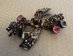 Hobe Sterling Silver Bow Brooch Large 3D Rose Floral Pink Blue Glass Jeweled 3″