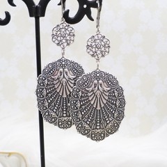 Large Antique Silver Filigree Statement Earrings, Bohemian Ethnic Style Jewelry