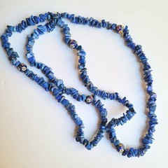 VTG Blue Lapis Sodalite Chip Cloisonne Enamel Beads Flower Necklace 34″ No Clasp