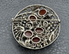 Vintage Art Deco Ornate Filigree Brooch Faux Carnelian Cabochon Silver Tone