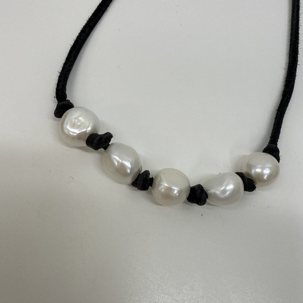 Vintage Nautical Baroque Pearl Nodded Leather Necklace Adustable 10” Drop Choker