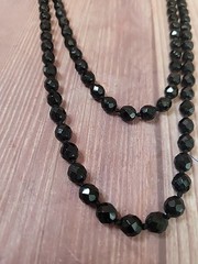 Vintage Made in Austria Black Glass Faceted Bead Necklace 56″ Hand Knotted
