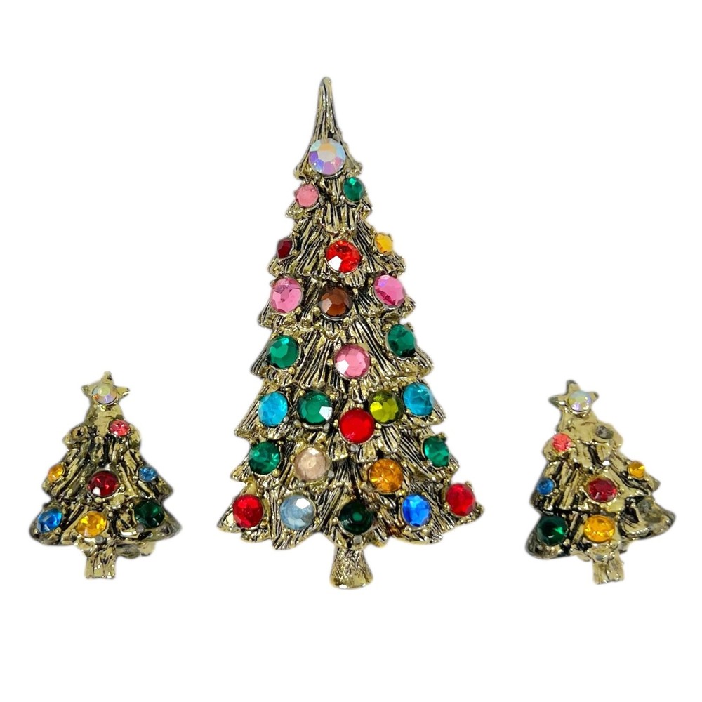Vintage Rhinestone Gold Tone Christmas Tree Brooch with Matching Earrings